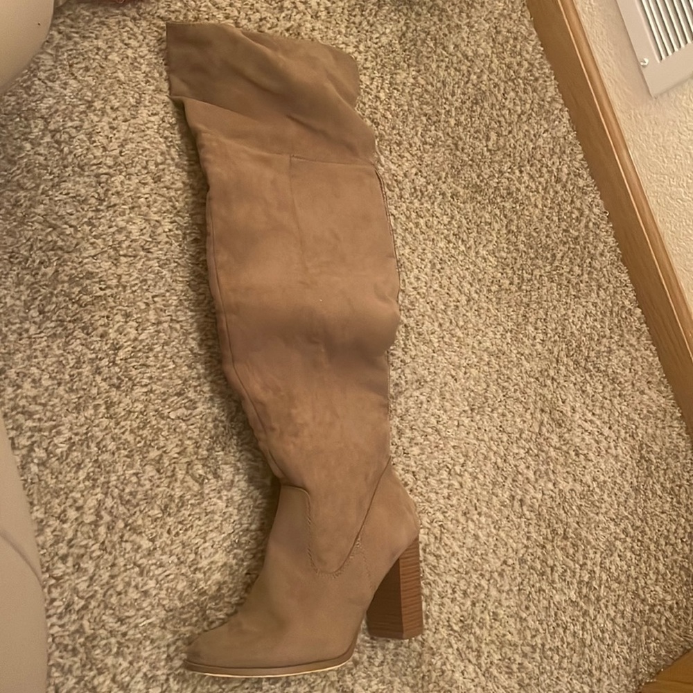 Tan Suede Over the Knee Boots with Block Heel